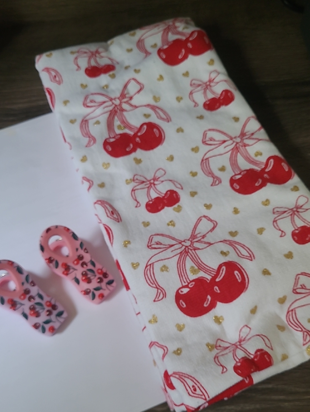Two Cherry Print White Kitchen Towels- Red & Gold Accents And One Red Towel